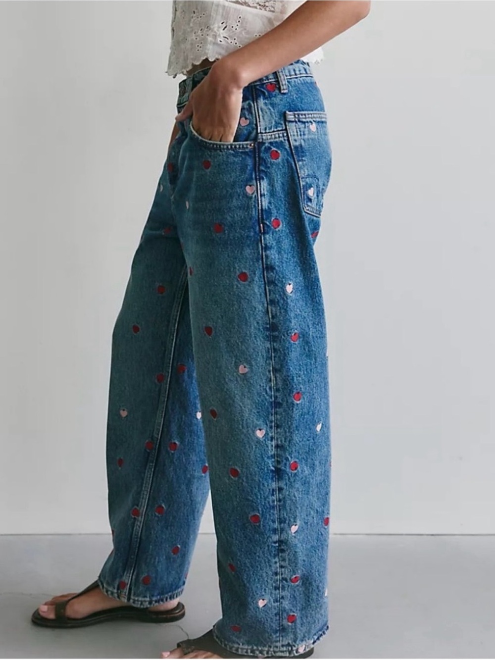 Free People Jeans Deep Trace Be Mine Heart Embroidered Boyfriend Blue Pink Red